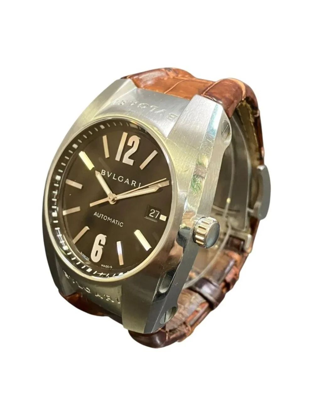 Bvlgari Ergon Watch SS Leather Automatic Winding Black Dial